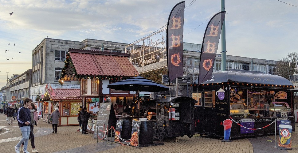 Food stalls in Plymouth city centre at Christmas